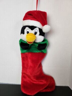Plush Penguin Teddy Christmas Stocking with Santa Hat Vintage Retro